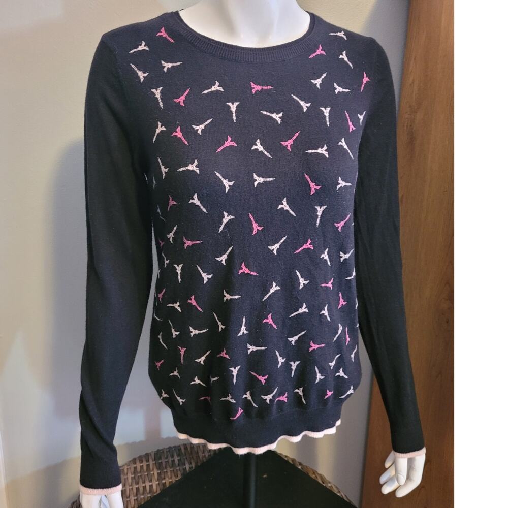 Paris Eiffel Tower Sweater Medium Navy Pink Novelty French Travel Preppy Knit